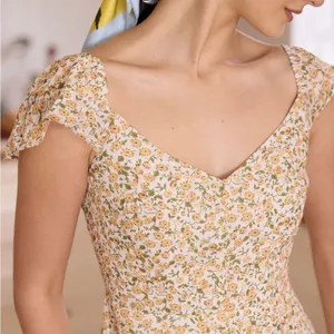 Rihoas The Yellow V Neck Floral Slit Midi Dress thumbnail 2