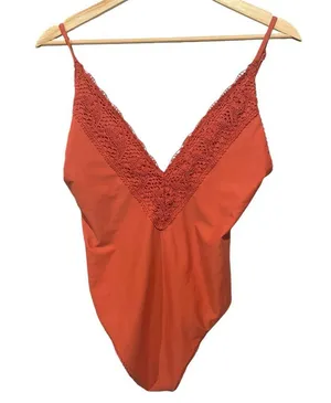 Aerie Crochet Lace Trim V Neck Back High Cut One Piece Swimsuit Rust Orange M thumbnail 2
