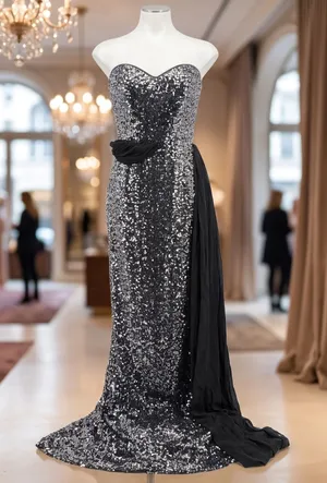 Badgley Mischka Gown Womens 4 Silver Black Excellent Sequin One Shoulder Formal thumbnail 1