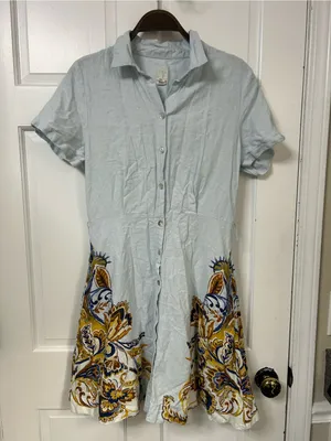Joie Mint Short-Sleeve Button Front Dress with Yellow & Blue Floral Embroidery thumbnail 2