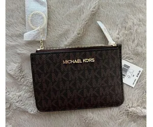 Michael Kors Jet Set Small Brown Coin Pouch W/ ID Window Monogram Leather Wallet thumbnail 6