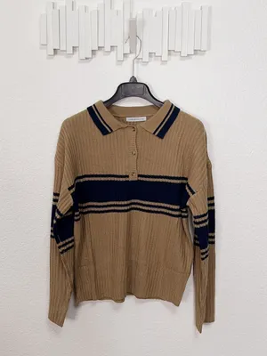 Miss Sparkling Camel Navy Striped Polo Collar Knit Sweater thumbnail 2