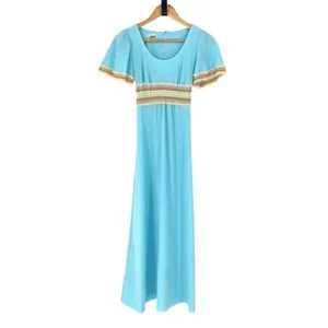 Allegro NY Vintage 70's Dress Light Sky Blue Empire Waist Maxi Crochet Detail Si thumbnail 3