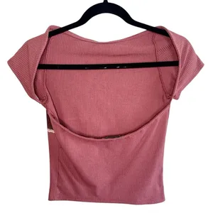 UO Nadia Rose Print Low Open Back Top M Pink Mauve Ribbed Knit ASO Bel-Air Amira thumbnail 9