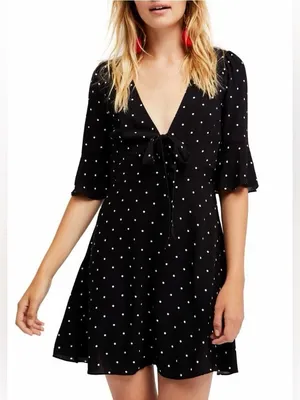 NWT Free People All Yours Black Polka Dot Tie-Front Dress Size 12 thumbnail 1