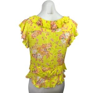 Anthropologie Maeve Yellow Pink Floral Ruffle Deep V Button Up Blouse Top Sz 4 thumbnail 2