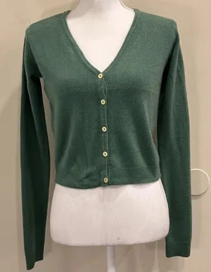 Clueless Movie Merch Sage Green Cropped V-Neck Button Front Cardigan Sweater XS thumbnail 1