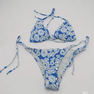 2 Piece Bikini Set Women S Blue Floral Stretch Smocked Spaghetti Straps Swimsuit thumbnail 2