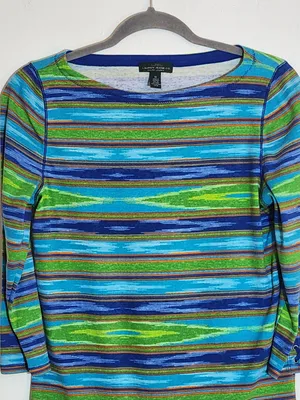 Lauren Ralph Lauren Blue and Green Southwestern Stripe Boat Neck Tee Size Medium thumbnail 2
