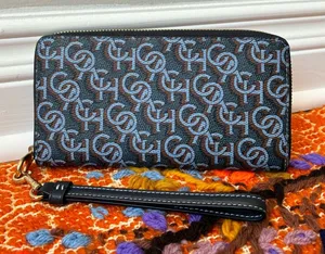 Coach Long Zip Around Wallet with Signature Monogram Print, Navy Blue / Gold thumbnail 1