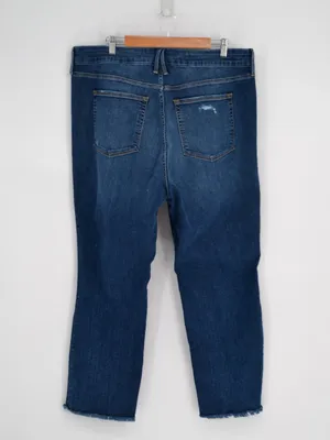 Good American Good Straight Jeans Womens 18 Blue Distressed Knee Raw Hem Med Was thumbnail 2