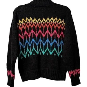 DEB Vintage 90s Retro Neon Fair Isle Mock‎ Neck Sweater Black Knit thumbnail 2