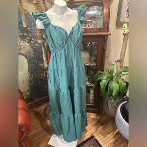 Davi & Dani Boho Minimalist Tiered Maxi Dress Teal Blue Flutter Sleeve Large thumbnail 5