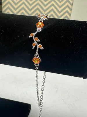 Silver Floral Bracelet with Bright Orange Crystal Accents thumbnail 3