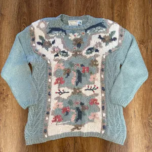 VTG 80s Extra Shenanigans Hand Knit Floral Sweater Blue Cottagecore Ramie sz 24‎ thumbnail 1