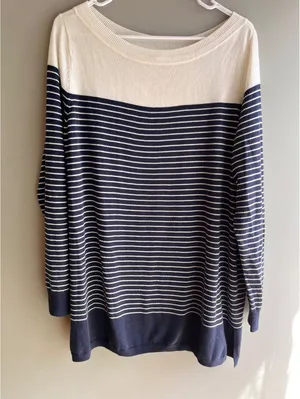 Caslon Off White & Navy Blue Striped Oversized Tunic Sweater Large thumbnail 1