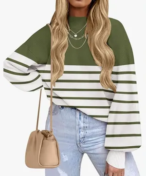 Boutique Brand Size Medium Green and White Turtleneck Long-Sleeve Sweater thumbnail 1