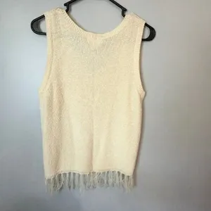 Promesa Women’s Large Ivory Knit Sweater Vest Fringe Hem Boho V-Neck Tank Top #1 thumbnail 7