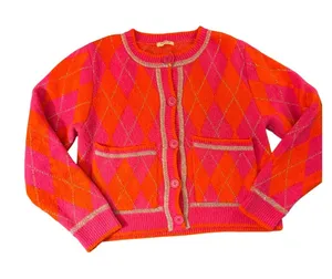 Sunday Up Pink Orange Argyle Cardigan Small Metallic Silver Trim Cropped thumbnail 1