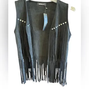 Allegra K Black Fringed Vest with Stud Accents thumbnail 2