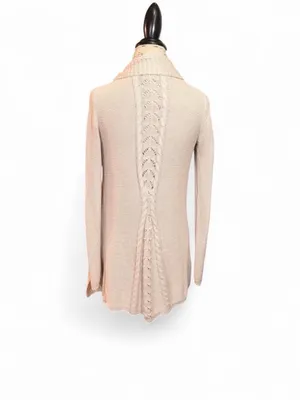 Belldini Beige Oatmeal Open Knit Duster Cardigan with a Cable Knit Spine Sz S thumbnail 2