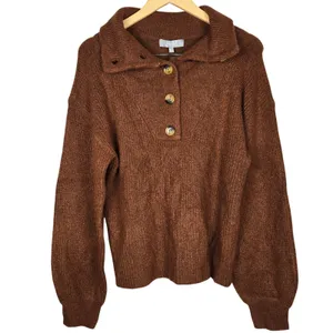 Marled True Auburn Balloon Sleeve Fold Over Collar Button Neck Sweater Small thumbnail 2