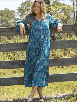 Natural Life Charlotte RayonTiered Midi Dress Teal Floral XS thumbnail 3