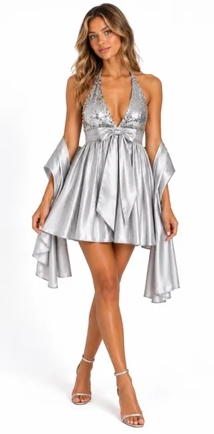 Vintage 90s Y2K F.I.E.S.T.A. Sequin Halter Mini Dress + Shawl – Silver – S thumbnail 1