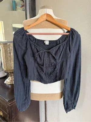 American Eagle Corset Tie Puff Sleeve Boho Cotton Crop cottage core Top L thumbnail 2