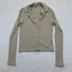 Reformation Tan Ribbed Knit Button Front‎ Cardigan Collared Long Sleeve XS thumbnail 1