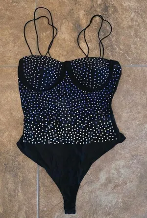 Haute Monde Black Solid Semi-Transparent Sheer Rhinestone Bodysuit One Piece M thumbnail 1