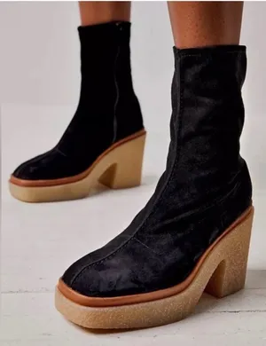 Free People Black Sock Platform Boots with Tan Crepe Heel thumbnail 1