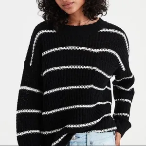 American Eagle Oversized Striped Sweater Black White Crew Neck thumbnail 1