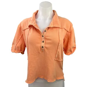 Free People Orange Cotton Collared Short Sleeve Boxy Crop Polo Shirt Top Size L thumbnail 1