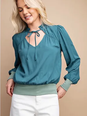 Women's Teal Tie-Front Long Sleeve Blouse new thumbnail 3
