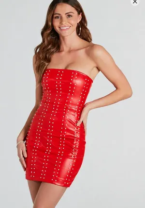 Steps NY Red Studded Faux Leather Strapless Mini Dress Size Large thumbnail 1