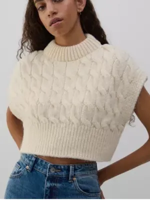 Zara Cream Cable Knit Sweater Vest Cropped Size Small thumbnail 1