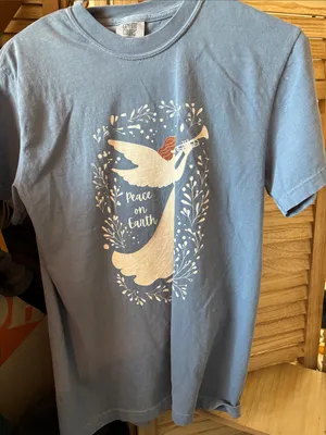 Comfort Colors Blue Graphic Tee with White Angel Trumpet Design Small thumbnail 1