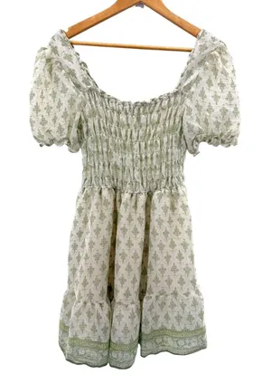 MINE Smocked Puff Sleeve Mini Dress Green‎ White Floral M Milkmaid Cottage Girly thumbnail 1