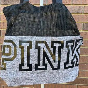 Victoria’s Secret PINK Grey Black Mesh Weekender Tote Shoulder Bag Open Top Gym thumbnail 8