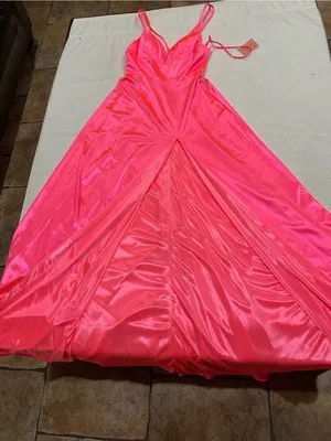 CINDERELLA DIVINE Satin V-Neck Spaghetti Strap Maxi Dress in Hot Pink thumbnail 6