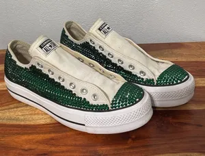 Custom Emerald Green Rhinestone Converse Lift Platform Low Tops Size 10 thumbnail 1