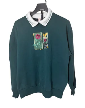 Vintage Top Stitch Morning Sun Forest Green Floral Embroidered Polo Sweatshirt L thumbnail 1