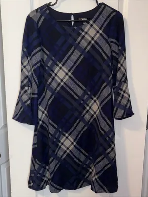 NWT Navy Plaid Long Sleeve Dress Size: S thumbnail 1