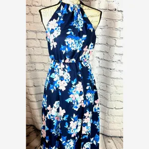 Floral Halter Neck Split Maxi Dress In Navy By Miss Floral L thumbnail 9