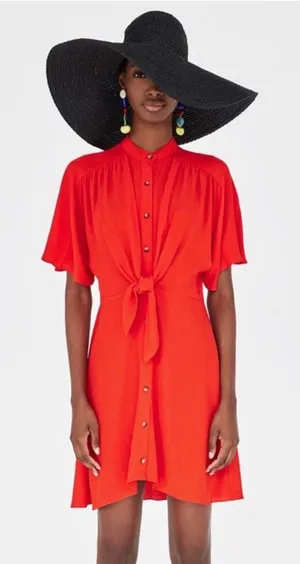 Zara Reddish Orange Short Sleeve Button Down Tie Mini Dress Size‎ XS thumbnail 1