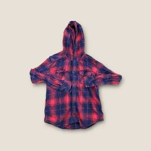 Aritzia TNA Hooded Plaid Boyfriend Fit Button Down Long Sleeve Red Navy XS thumbnail 3