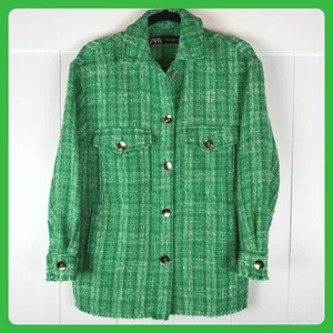 Zara Green Tweed Shacket XS Shirt Jacket Plaid Fringed Hem Y2K Vintage Old Money thumbnail 4