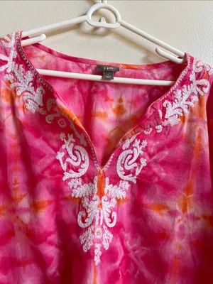 J. Jill Tie-Dye Embroidered V-Neck Tunic boho whimsy coastal chic top thumbnail 4