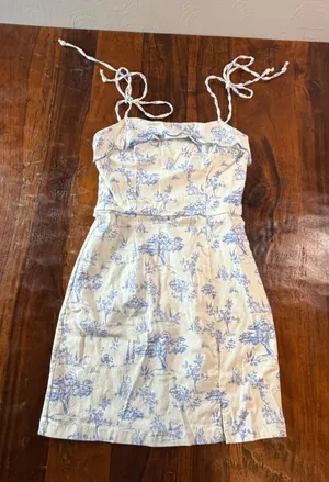 Altar'd State Blue White Toile Mini Dress Tie Strap Ruffle Small 25ER69WZBP thumbnail 1